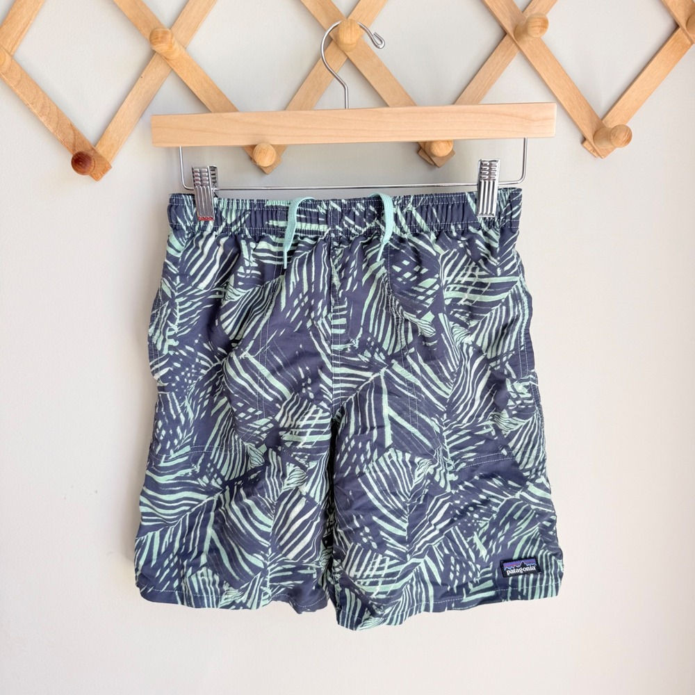 Patagonia Boys Baggies Swim Shorts XL Navy Blue Mint Green Palm Leaf Trunks